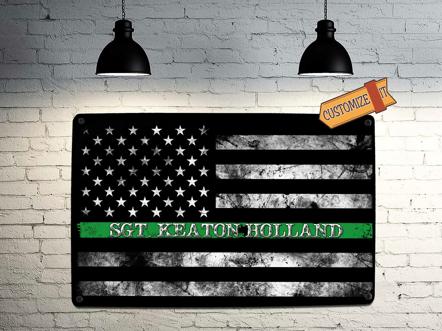 Military Green Line Flag Sign - FREE Personalization