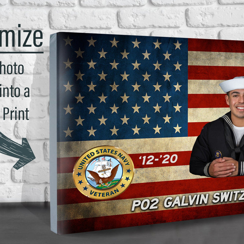 Custom Navy Sailor Photo on Canvas - American Flag Canvas