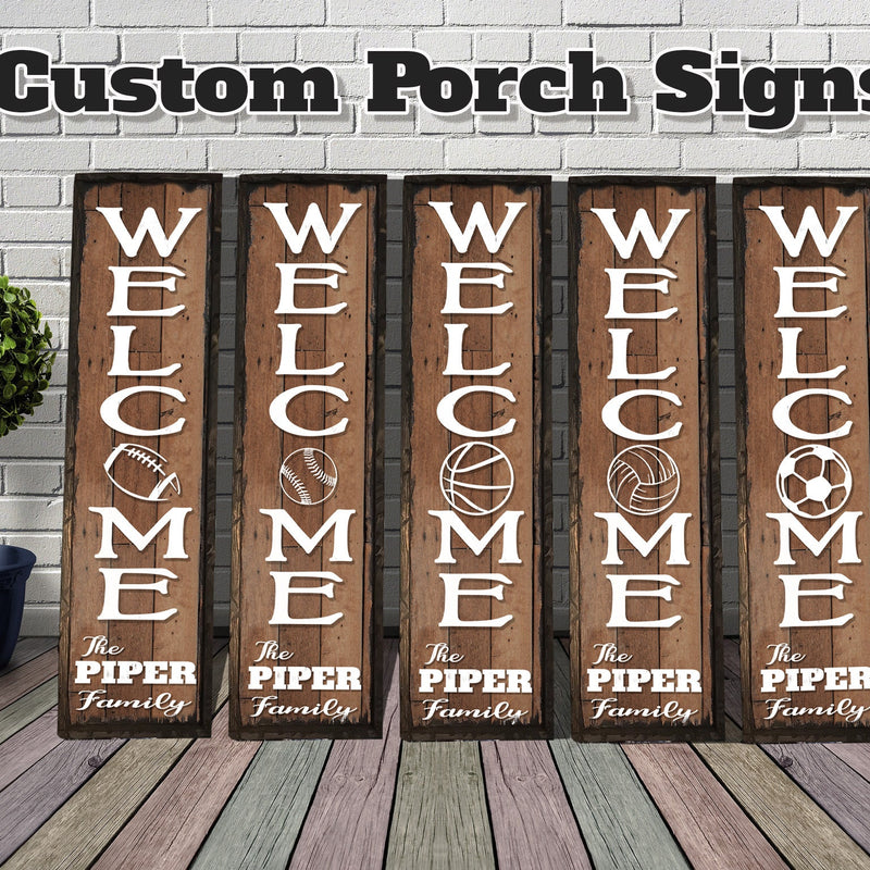 Sports themed vertical porch sign with family name