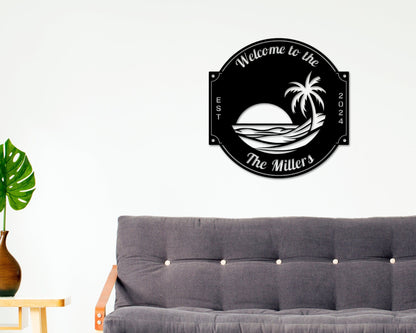 Last name sign, Beach House Sign,  Personalized Sign, Name and Palm Trees, Palm Tree Sign, Beach Decor, Front door, Tropical Patio Pool Sign