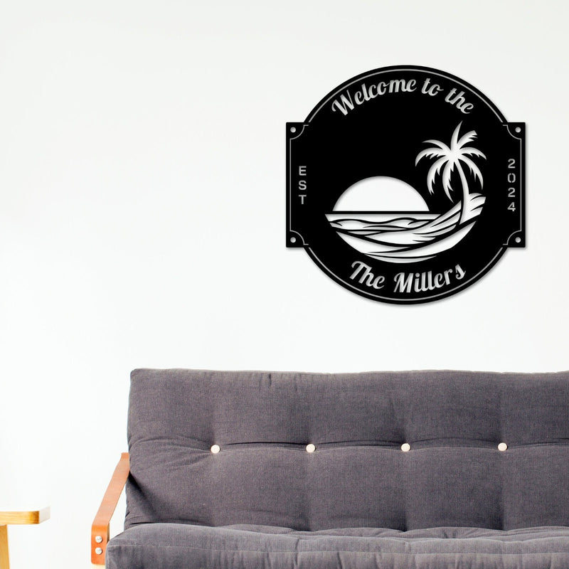 Last name sign, Beach House Sign,  Personalized Sign, Name and Palm Trees, Palm Tree Sign, Beach Decor, Front door, Tropical Patio Pool Sign