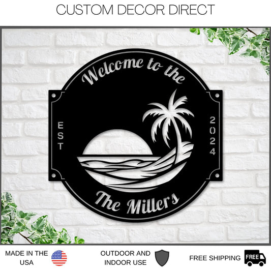 Last name sign, Beach House Sign,  Personalized Sign, Name and Palm Trees, Palm Tree Sign, Beach Decor, Front door, Tropical Patio Pool Sign