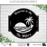 Last name sign, Beach House Sign,  Personalized Sign, Name and Palm Trees, Palm Tree Sign, Beach Decor, Front door, Tropical Patio Pool Sign