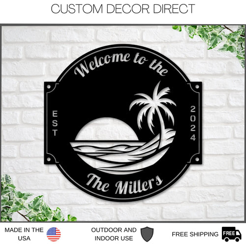 Last name sign, Beach House Sign,  Personalized Sign, Name and Palm Trees, Palm Tree Sign, Beach Decor, Front door, Tropical Patio Pool Sign