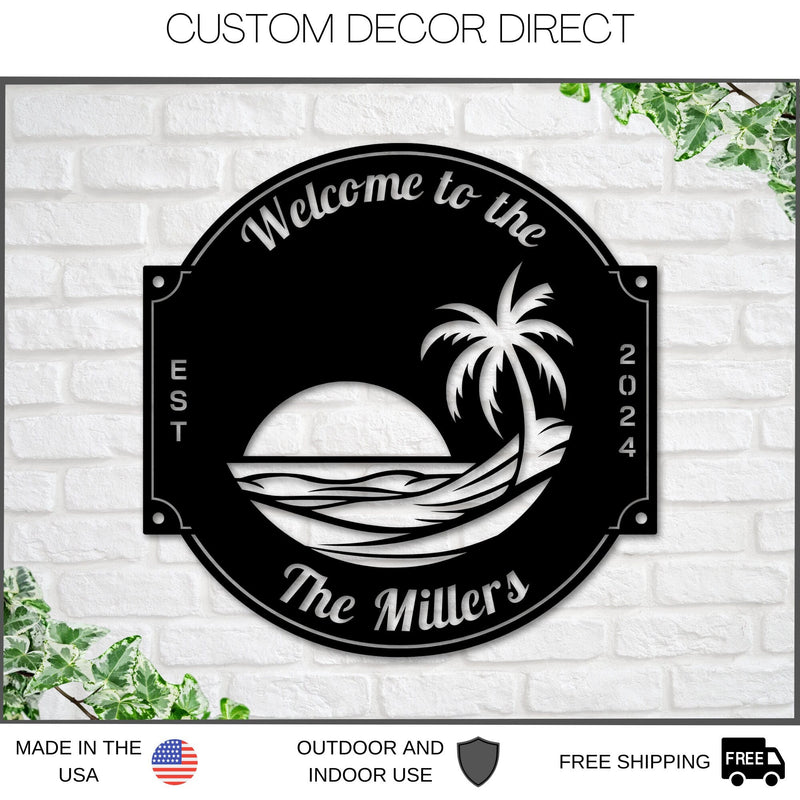 Last name sign, Beach House Sign,  Personalized Sign, Name and Palm Trees, Palm Tree Sign, Beach Decor, Front door, Tropical Patio Pool Sign
