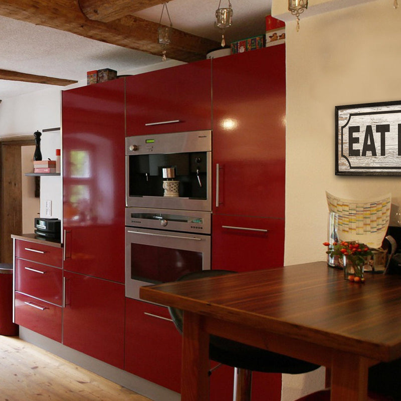 Eat Here retro food sign, rustic farmhouse wood framed