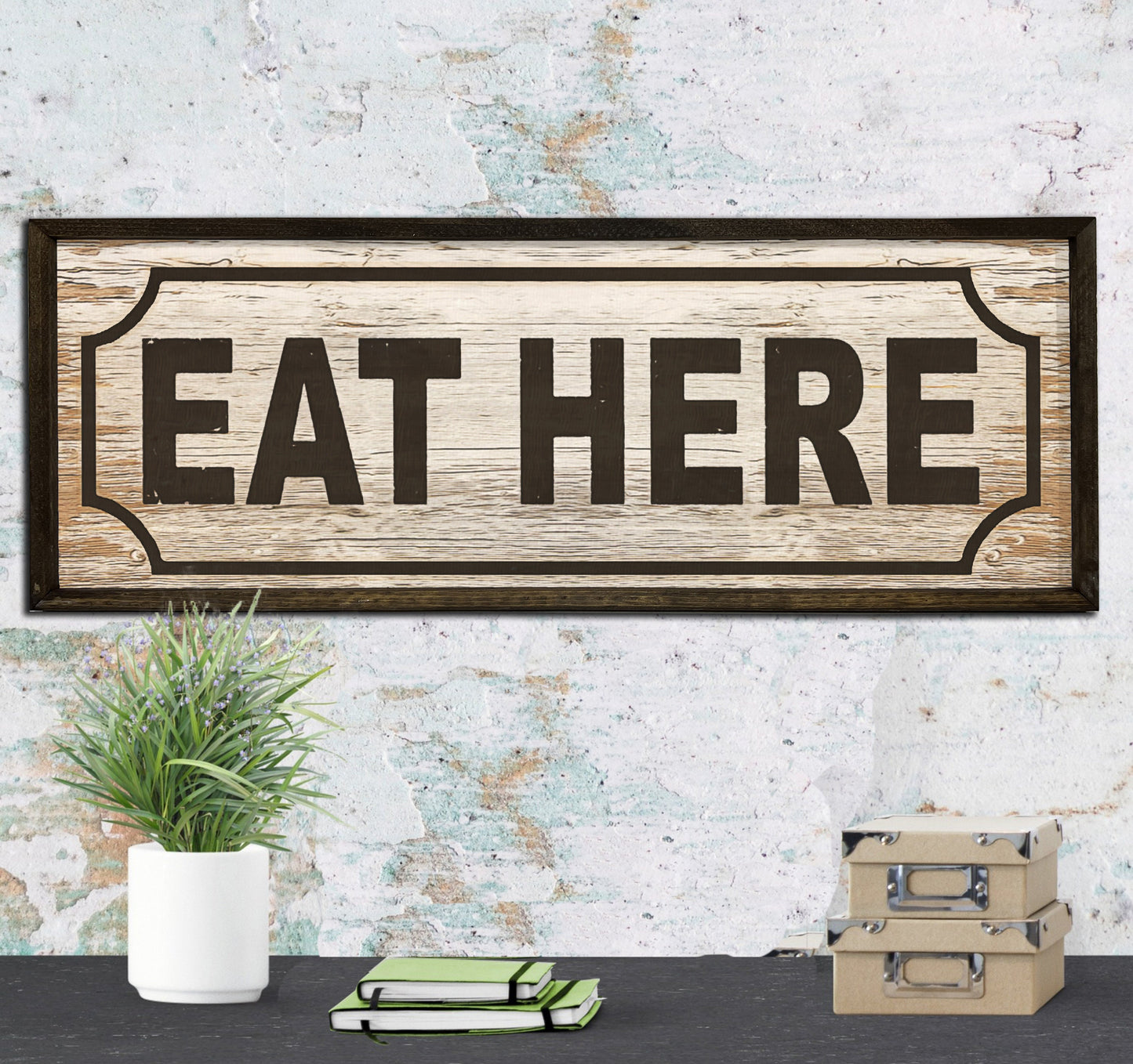 Eat Here - Retro Food Sign - Rustic Farmhouse Wood Framed Sign