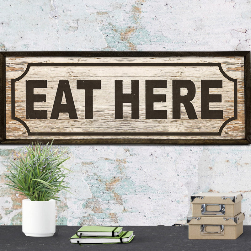 Eat Here - Retro Food Sign - Rustic Farmhouse Wood Framed Sign