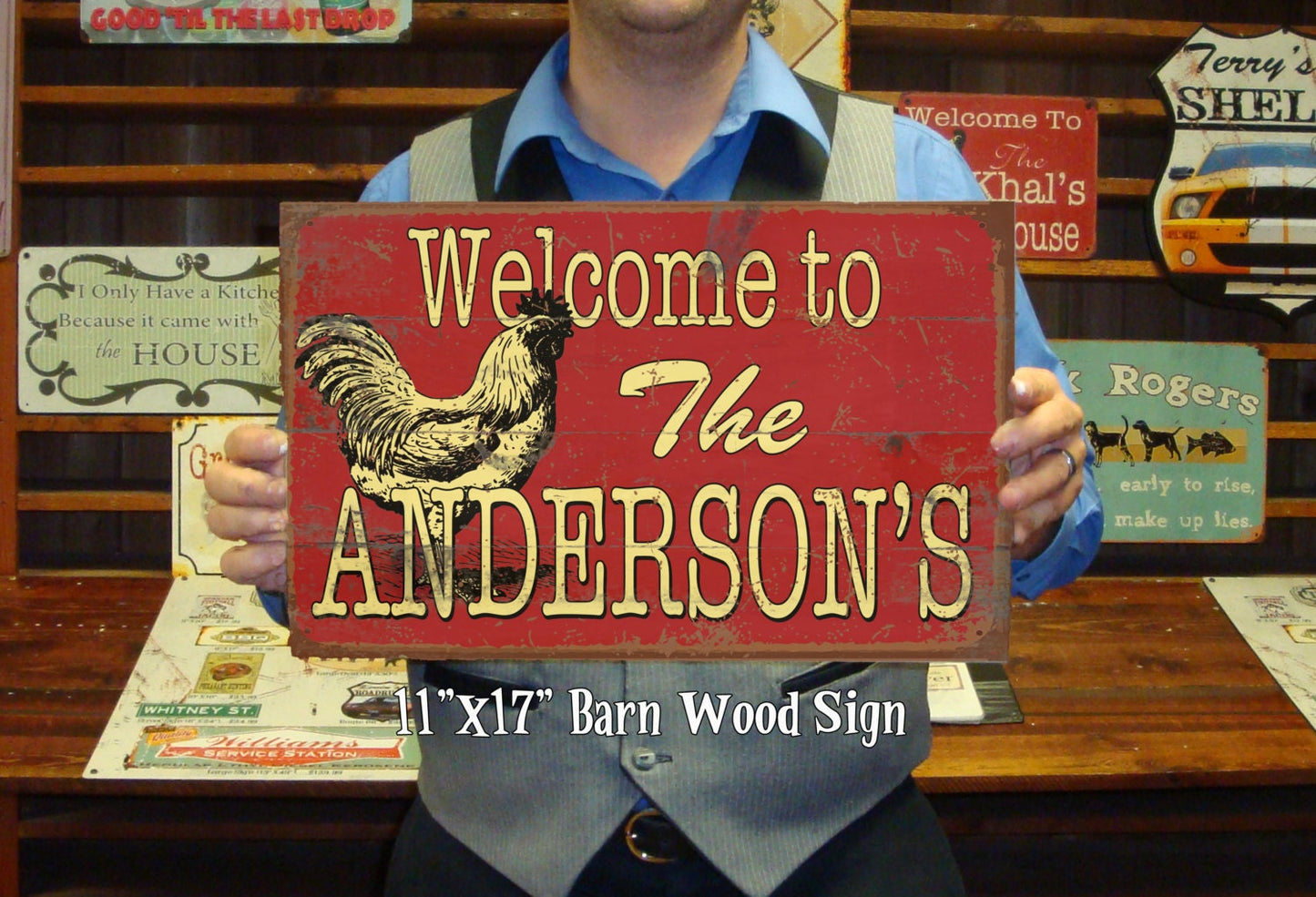 Custom Barn Wood Sign with Rooster.  Personalization included.