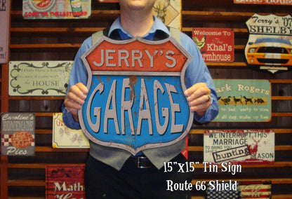 Route 66 Shield Custom Garage Tin Sign. Custom Tin Sign