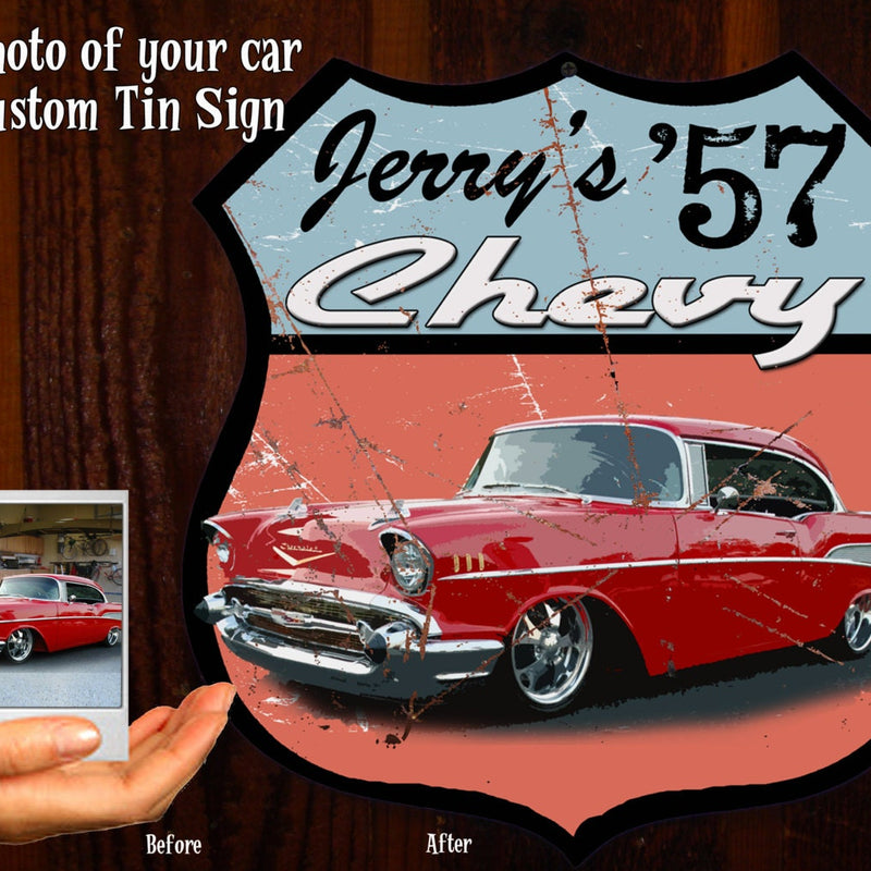 Custom Tin Sign - Featuring YOUR Car! Route 66 Tin Sign